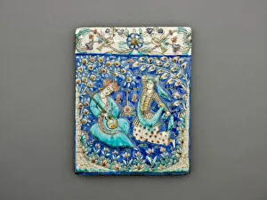 Persian Decorative Arts Imprime: Rectangular Tile with Musician and Dancer, Qajar dynasty (1796-1925), 19th century