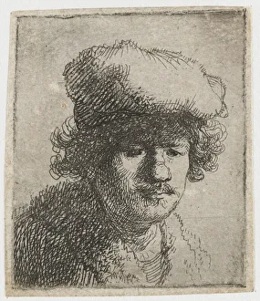 Rembrandt Van Rijn Artwork Imprime: Self-portrait with cap pulled forward, c. 1630. Creator: Rembrandt van Rhijn (1606-1669)