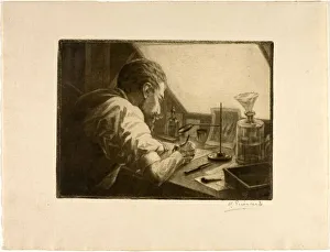 French Black And White Art Imprime: Self-Portrait Preparing an Etching, c. 1890. Creator: Henri-Charles Guerard