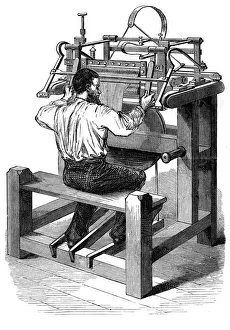 Textile Machinery History Imprime: The stocking frame, c1880