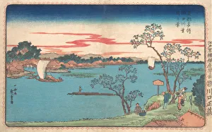 Polychrome Woodblock Art Imprime: A View of Cherry Trees in Leaf along the Sumida River, 1831. 1831. Creator: Ando Hiroshige