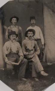 White Background Black And White Photos Imprime: Four Workmen Holding Different Tools: Square, Hatchet, Wood Plane, and Trowel, 1860s-70s