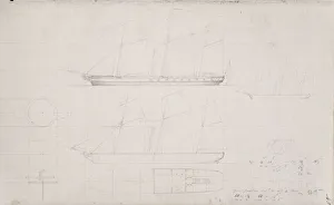 Boceto de Isambard Kingdom Brunel: elevaciones laterales y plan del barco, probablemente el SS Great Britain, c1842-1843.