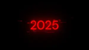 Renderizado 3D de texto 2025 con efectos de pantalla de fallas tecnológicas.
