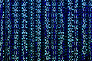 Código binario de computadora en fondo negro, ilustración abstracta.