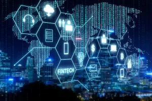 Icono de fintech y tecnología financiera del internet con fondo de código matricial, concepto de tecnología del internet para la inversión.