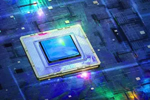 Tecnología de computadora cuántica con concepto de renderizado 3D chips cpu en el tablero.