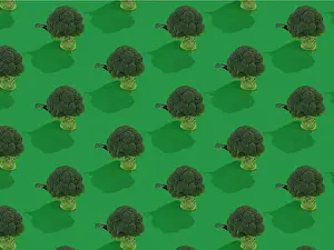 Impresiones de Brócoli sobre fondo de patrones verdes Abril Imprime: Brócoli sobre fondo verde con patrones.