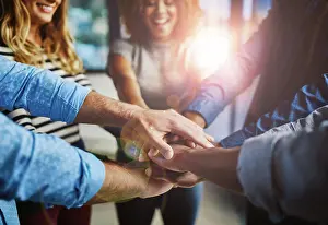 Diverse Workplace Imprime: Hands, group and stack at office with support