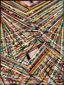 Impresiones de Múltiples líneas se chocan, mezclan y se cruzan en secuencias rápidas de colores estallando en esta pintura abstracta rebosante de energía y movimiento Arte Abstracto Imprime: Líneas múltiples chocan.