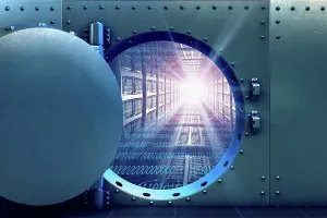 Binary Code Imprime: Open vault door revealing computer servers and binary code