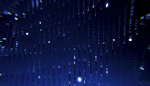 Dark Blue Background Image Imprime: 3D illustration of binary code cascading against a dark blue background