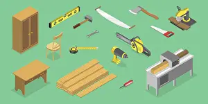 Aviation Industry Equipment Imprime: 3D Isometric Flat Vector Set of Carpentry Items