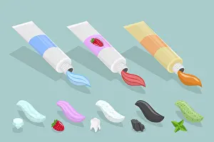 Dental Care Imprime: 3D Isometric Flat Vector Set of Toothpaste Of Different Tastes