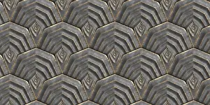 Futuristic Architecture Imprime: 3D pattern featuring interlocking shield-like tiles with a layered metallic texture