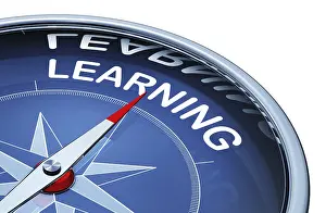 Learning Concept Image Imprime: 3D rendering of an compass with an learning icon