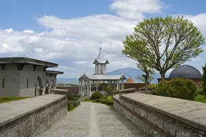 Rabati Fortress Georgia Imprime: Architectural structure with tower and trees under a cloudy sky along a paved path