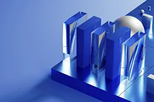 Obras De Arte Minimalistas Imprime: Un conjunto de formas geométricas fundidas en azul ilumina un impresionante entorno tecnológico 3D
