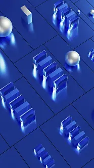 Obras De Arte Minimalistas Imprime: Un array de formas geométricas fundidas en azul ilumina un impresionante entorno tecnológico 3D