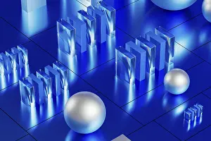 Minimalist Modern Architecture Imprime: An array of geometric forms cast in blue illuminates a stunning 3D technological environment