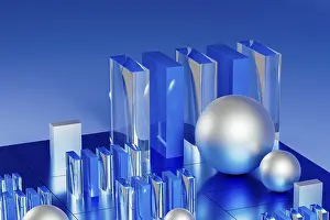 Arte Digital Imprime: Un conjunto de formas geométricas fundidas en azul ilumina un impresionante entorno tecnológico 3D