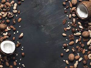 Dark Background Copy Space Imprime: Background of mixed nuts - coconut
