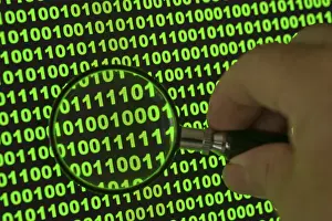Binary Code Imprime: Binary code viewed through a magnifying glass