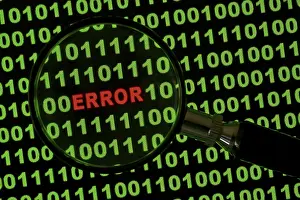 Binary Code Error Imprime: Binary code with the word 'Error' viewed through a magnifying glass Binary code with the word