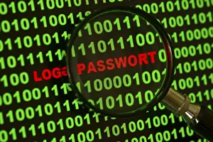 Computer Hacking Crime Imprime: Binary code with the words 'Login Passwort' viewed through a magnifying glass Binary code with the words