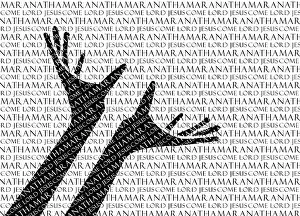 Christian Faith Symbols Imprime: Black hands with text patterned in prayer