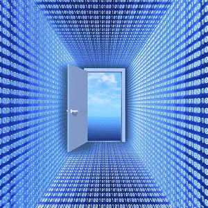 Virtual Reality Concept Imprime: Blue room made of binary code with an open door to a cloudscape