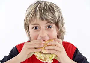 Unhealthy Snack Choices Imprime: Boy eats hamburger