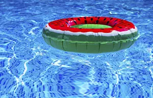 Tropical Water Scene Imprime: A bright ring-a float, with a watermelon