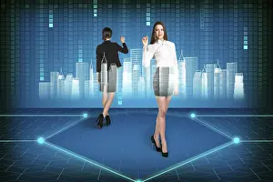 Futuristic Office Interior Imprime: Brunette operating with search interface on the wall