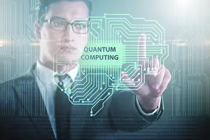 Artificial Intelligence Technology Imprime: Businessman pressing virtual button in quantum computing concept
