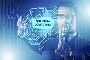 Quantum Computing Concept Imprime: Businessman pressing virtual button in quantum computing concept