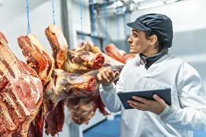 Protective Clothing For Workers Imprime: Butcher using technology in a innovative meat processing factory checking the meat using digital tablet