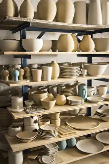 Ceramic Workshop Germany Imprime: Ceramic workshop, drying rack with pottery