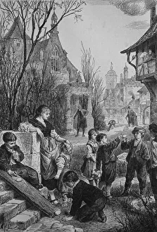 Uninhabited Austrian Village Imprime: Children playing easter games with easter eggs