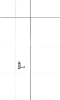 Uninhabited Entry Point Imprime: Close-up of a rectangular interlocking door in the sunlight