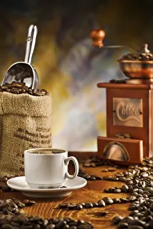 Dark Table Setting Imprime: Coffee items on table