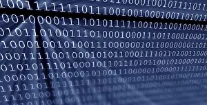Cyber Crime Protection Imprime: Colorful digital binary data digits and streaming binary code background with light beams