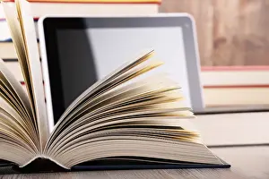 Book Page Composition Imprime: Composition with books and tablet computer on the table