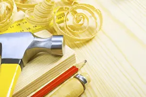 Handicraft Industry Imprime: Composition of carpentry tools on pine boards