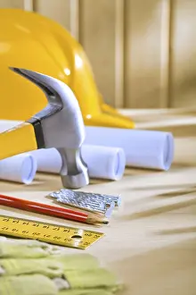 Construction Industry Tools Imprime: Composition of carpentry tools on woden table