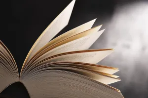 Uninhabited Library Scene Imprime: Composition with open book on the table