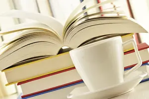 Educational Institution Scene Imprime: Composition with stack of books and cup of coffee
