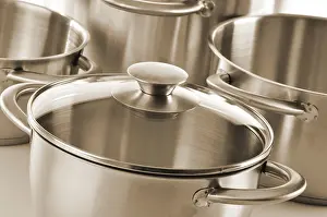 Uninhabited Kitchen Scene Imprime: Composition with stainless pots
