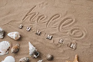Text Free Space For Holidays Imprime: Composition with text HELLO SUMMER seashells