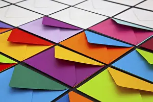 Glazed Tile Background Image Imprime: Composition with white and colored envelopes on the table